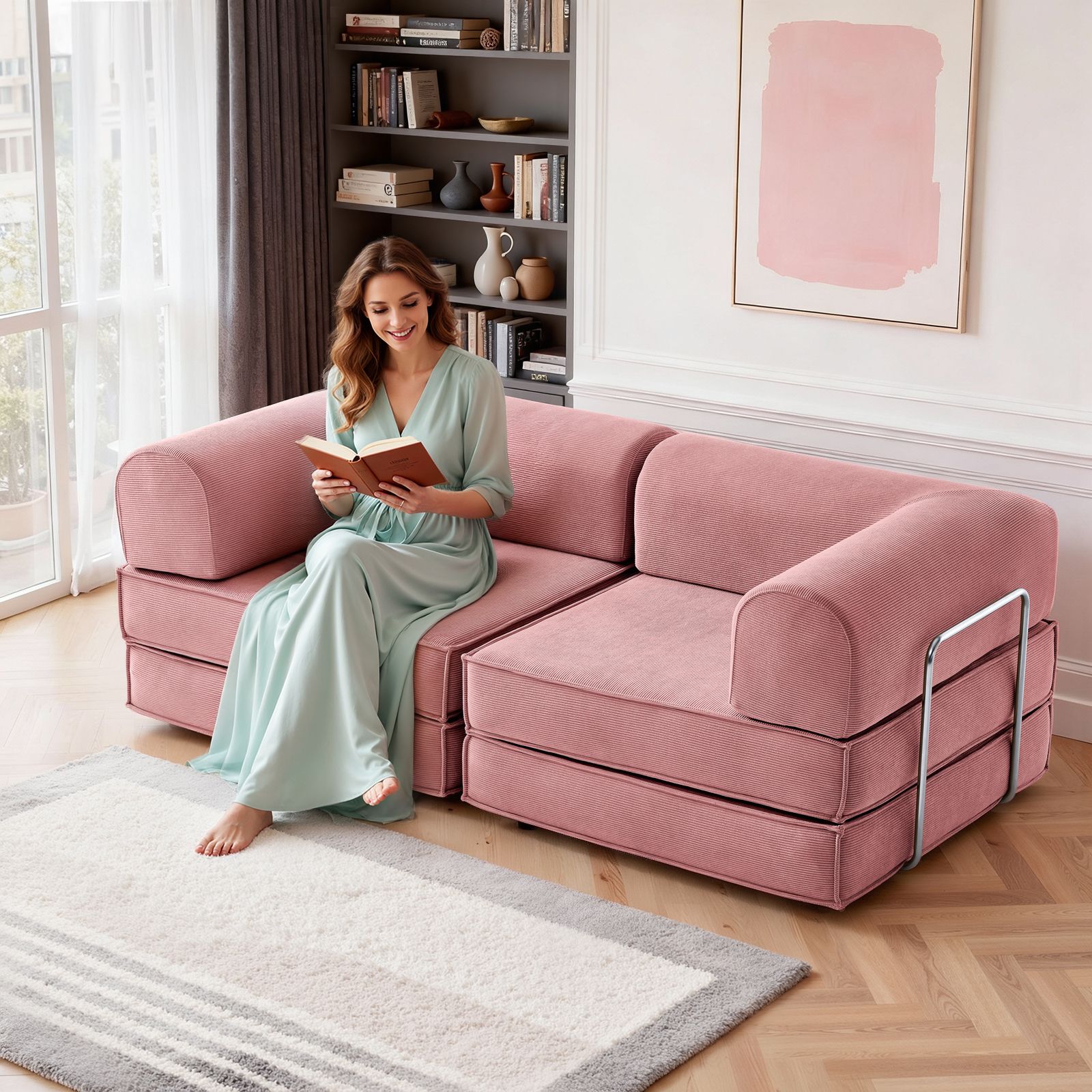 Corduroy Pull-Out Sofa Bed for Apartments
